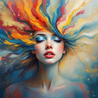 The primary subject of the image is a woman with blue eyes, wearing makeup and a blue shirt. She is looking upwards, possibly at the sky or a light source. The setting is a colorful, abstract background that adds a vibrant and artistic touch to the scene. The visual style is a combination of digital art and illustration, creating a unique and eye-catching representation of the woman. The colors and mood of the image are predominantly blue and vivid, evoking a sense of tran
